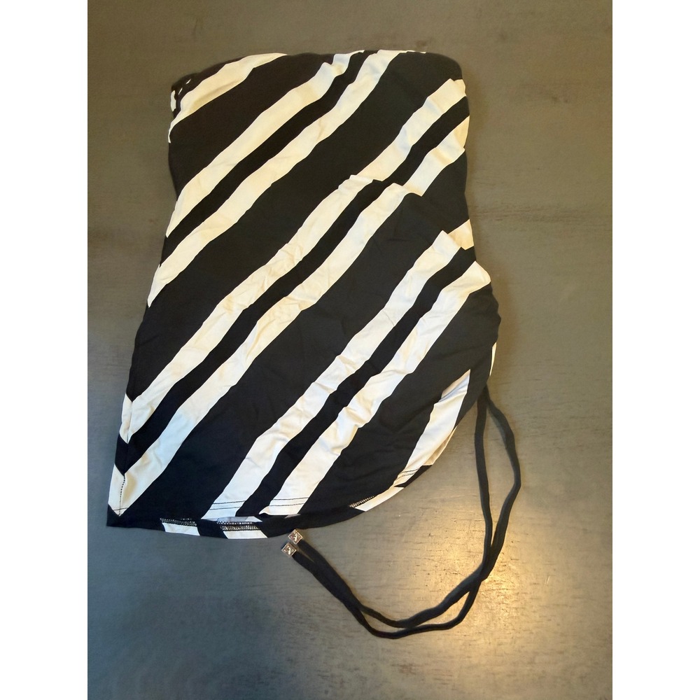DKNY Strapless One Piece Swimsuit Black White Striped Ruched Swim Dress Size 8